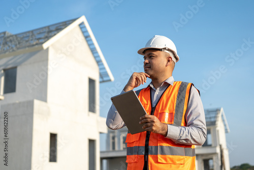 Confident asian engineer man Using tablet for checking and maintenance to inspection at modern home building construction. Architect working with white safety helmet in construction site