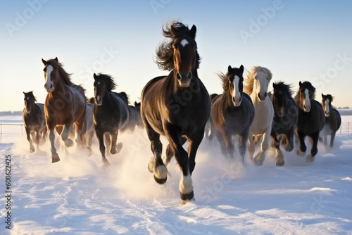 horses galloping freely through a snowy landscape. AI generative