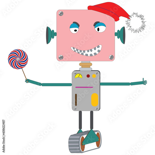 ugly robot laughing, with wind mill toy; abstract vector art illustration
