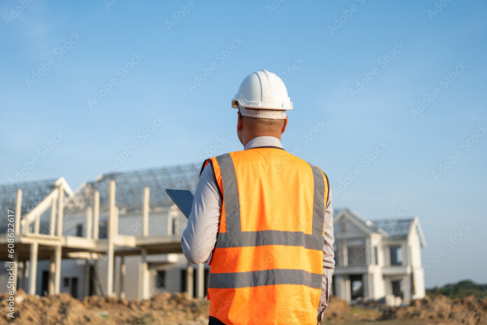 Confident asian engineer man Using tablet for checking and maintenance to inspection at modern home building construction. Architect working with white safety helmet in construction site Confident asian engineer man Using tablet for checking and maintenance to inspection at modern home building construction. Architect working with white safety helmet in construction site