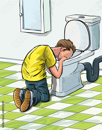 Cartoon teenager sick in toilet after drinking to much. In a bathroom