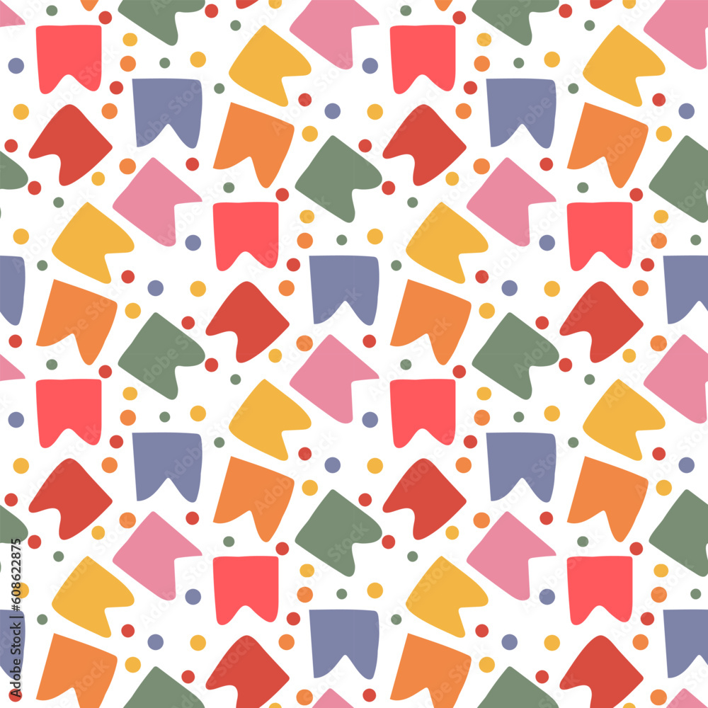 A pattern of colored square flags for the holiday with confetti circles. Scattered flags for a festive background. The flags from the garland scattered on the white. Printing birthday packaging