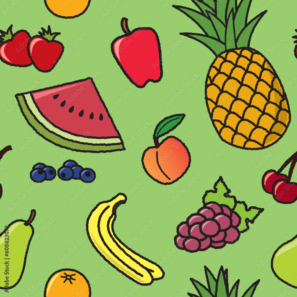 A seamless pattern of common fruit that would be found at most grocery stores. A seamless pattern of common fruit that would be found at most grocery stores.