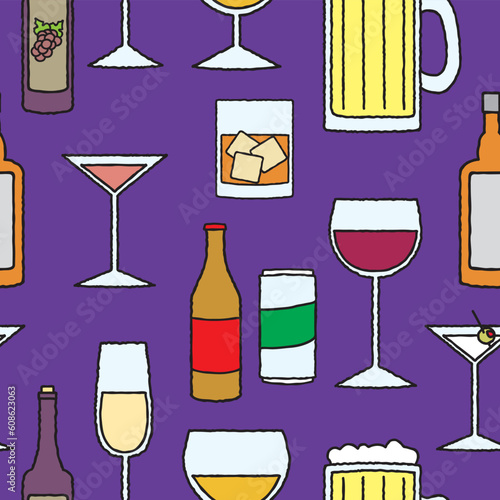 A seamless pattern of various alcohol related drinks, glasses, cans and bottles.