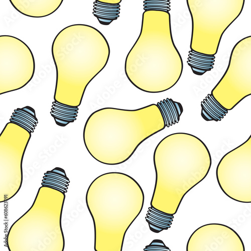 A seamless pattern of cartoon lit light bulbs.