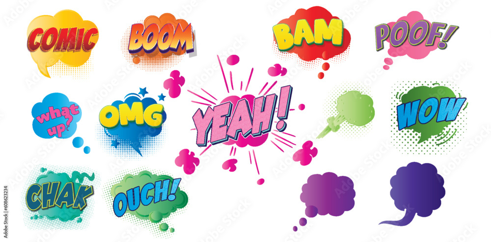 Pop art style comic sound effects, Vector Cartoon explosions, sound expression and comic speech bubble, set 1 Pop art style comic sound effects, Vector Cartoon explosions, sound expression and comic speech bubble, set 1