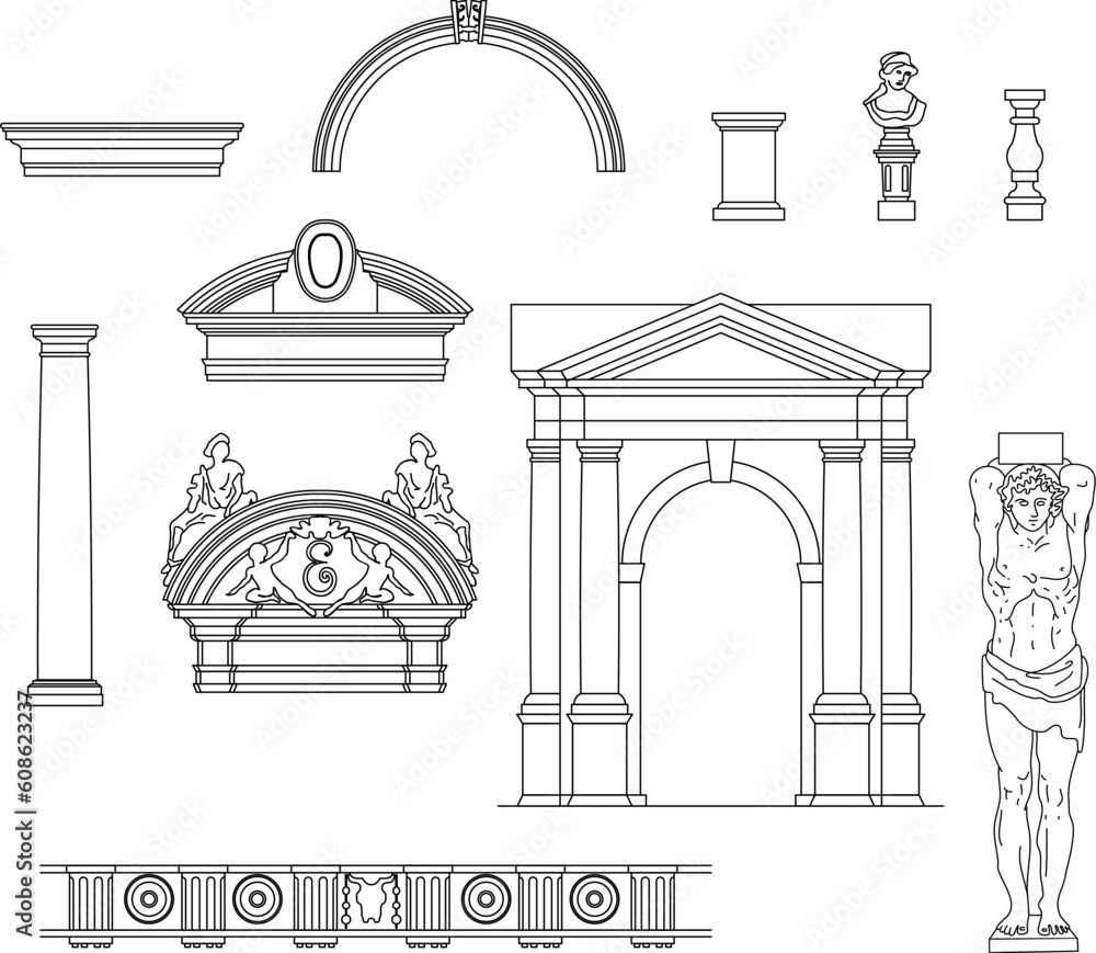 Fototapeta premium antique architecture set to build decorative borders and compositions