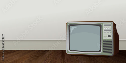 Vintage television on wooden floor vector illustration with blank space for wording advertisement.