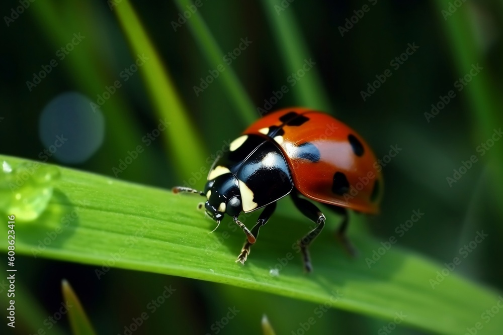 Ladybird on Grass Macro Shot with Copy Space, Generative Ai