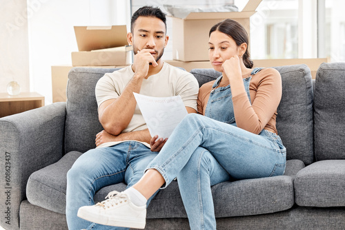 Couple reading letter, house foreclosure and financial crisis, debt and stress with moving to new property. People with note from bank, recession and final notice of eviction with real estate problem photo