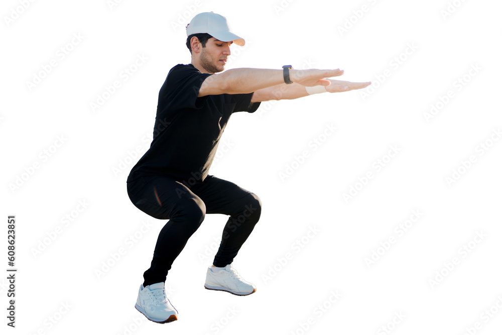 Uses a fitness watch for workout measuring results. A male trainer does a workout Uses a fitness watch for workout measuring results. A male trainer does a workout