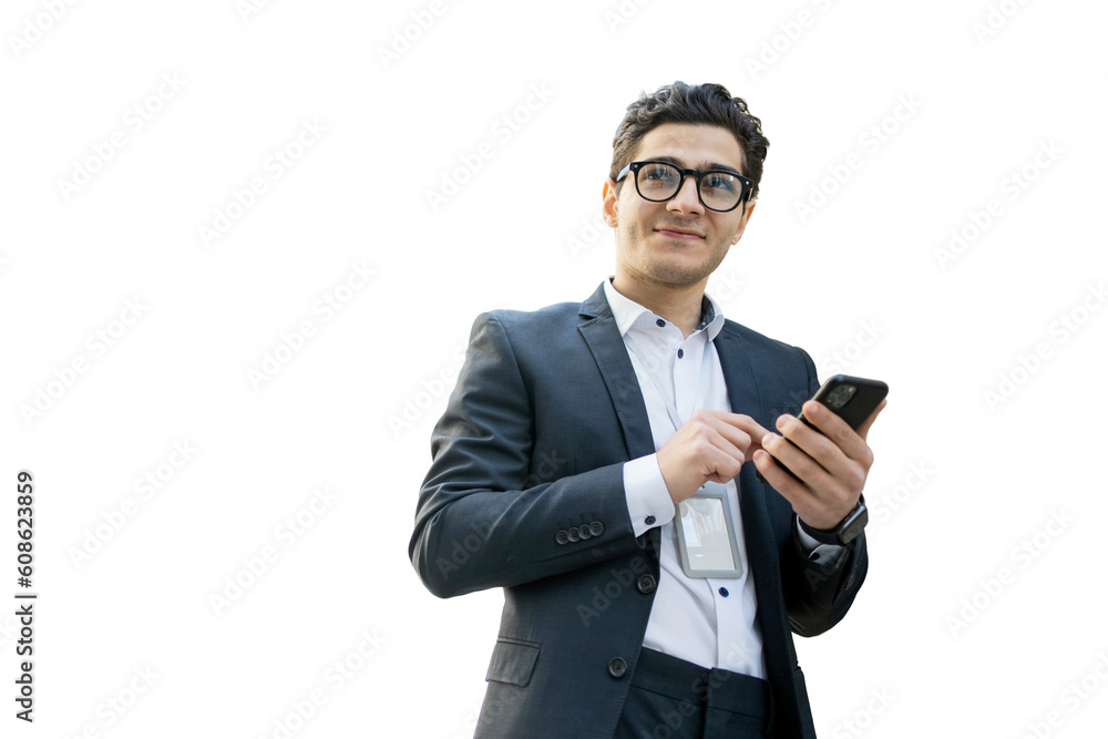 Writes a message to a colleague in glasses startup confident employee successful young businessman entrepreneur in formal clothes for the office. Transparent background, isolated. Writes a message to a colleague in glasses startup confident employee successful young businessman entrepreneur in formal clothes for the office. Transparent background, isolated.