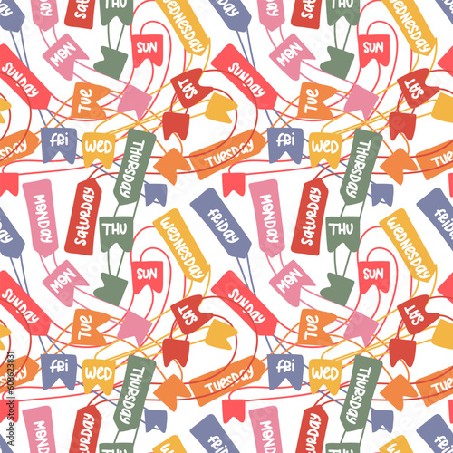 A pattern of flags with labels of days of the week for the calendar. Abstract background with square flags with full and abbreviated lettering. Seamless calendar background. Printing on textiles