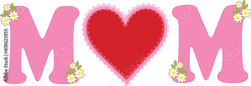 A simple decorative design, with a red heart placed between two pink letter M's, conveying the message of love for Mothers.