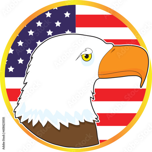 Resembling a gilded medallion, the image symbolizes American patriotism, with the head of an eagle and the American flag.