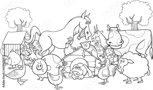 cartoon illustration of farm animals group for coloring book