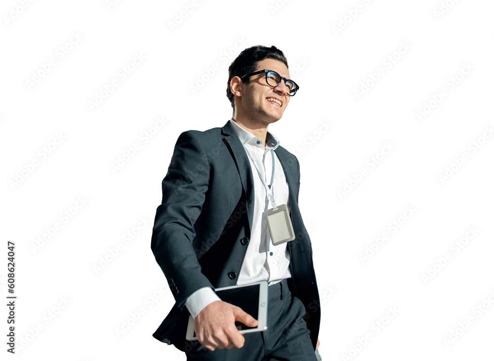 Startup is a confident employee, a successful young businessman, an entrepreneur in formal office clothes. Transparent background, isolated. Startup is a confident employee, a successful young businessman, an entrepreneur in formal office clothes. Transparent background, isolated.