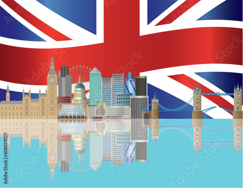 London City Skyline with UK Union Jack Flag Background Illustration
