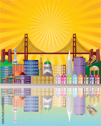 San Francisco California City Skyline with Golden Gate Bridge with Sunrise Background Illustration