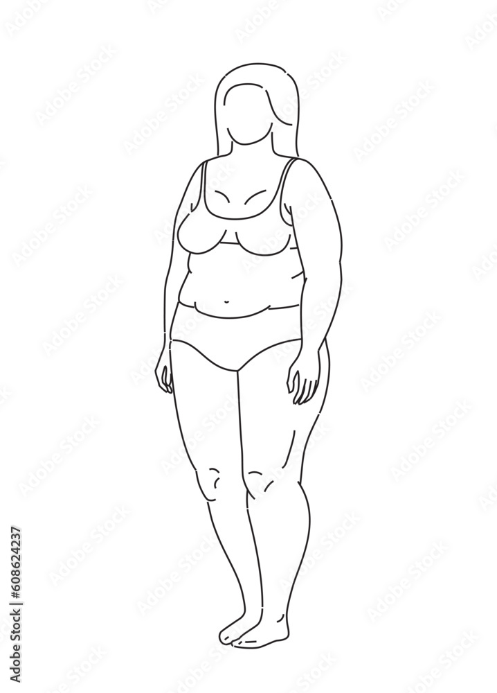 Fototapeta premium Plus-size woman. Set of Big chubby body Positive woman with fat curvy figures. Attractive Female Standing In Lingery. Vector line sketch Illustration