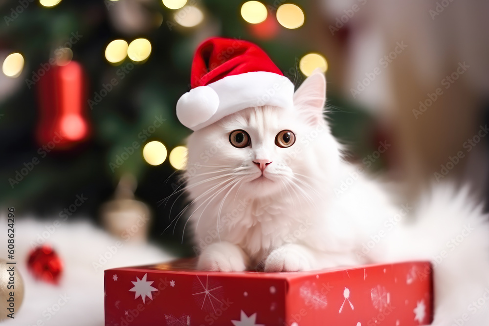 Cute white cat in Santa hat with gift box against Christmas tree
