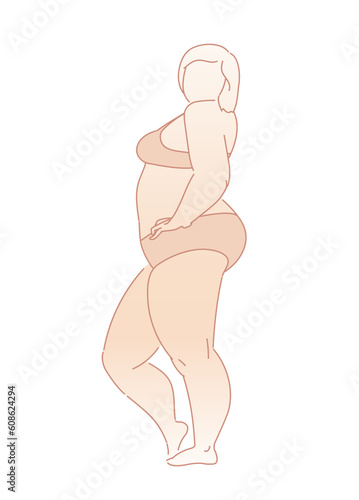 Plus-size woman. Set of Big chubby body Positive woman with fat curvy figures. Attractive Female Standing In Lingery. Vector line sketch Illustration