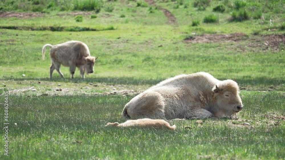 White albino bison in a pasture in Evanston Wyoming as newborn calf sleeps. White albino bison in a pasture in Evanston Wyoming as newborn calf sleeps.