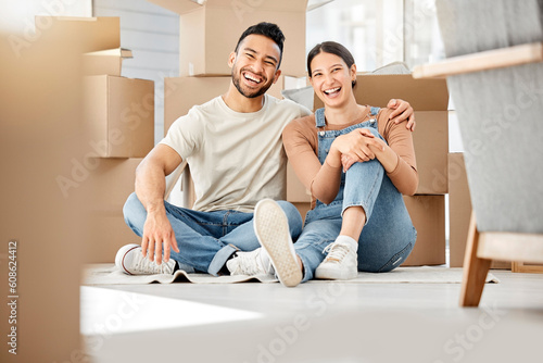 Relax, moving and box with portrait of couple in living room of new home for investment, property or support. Real estate, packing and goal with man and woman in apartment for rent, homeowner or love