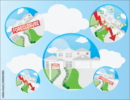 Real Estate Housing Bubble with Foreclosure and Home Value Arrow Illustration