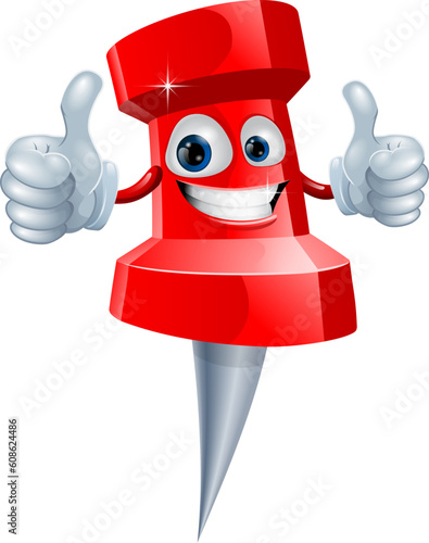 A red happy red cute push pin man giving a double thumbs up