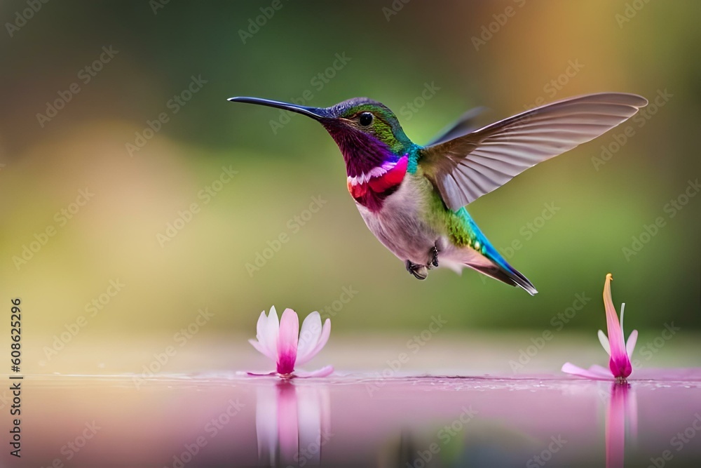 A charming hummingbird hovering in mid-air, its iridescent feathers catching the light as it sips nectar from a flower A charming hummingbird hovering in mid-air, its iridescent feathers catching the light as it sips nectar from a flower