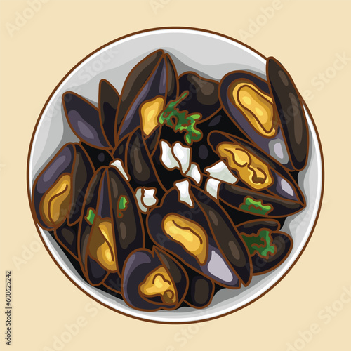 Moules-frites. Popular European seafood dishes.