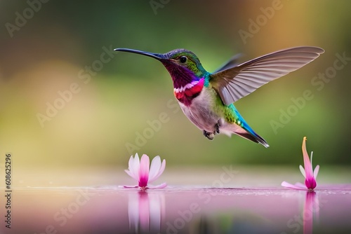 A charming hummingbird hovering in mid-air  its iridescent feathers catching the light as it sips nectar from a flower