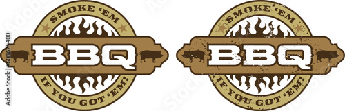 Barbecue symbol/icon with flames and the phrase “Smoke ‘em if you got ‘em”. Includes clean and grunge versions. Easy to edit colors and shapes.