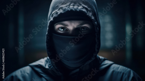 hooded person with mask. anonymous criminal or hacker. generative ai
