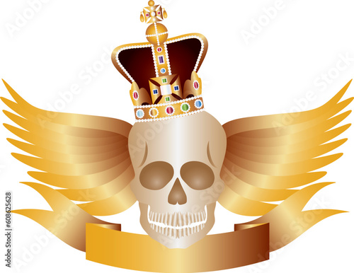Skull with English Royal Crown Jewels Wings and Banner Illustration