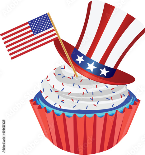 4th of July Independence Day Red White and Blue Cupcake with USA Flags and Hat Illustration