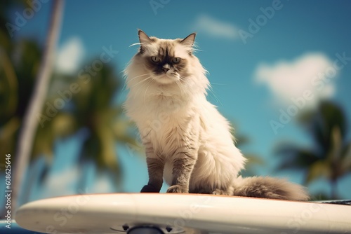 Image of a Birman cat surfing big waves on a surfboard at the beach on a sunny day.