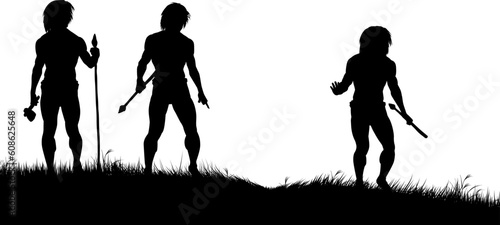 Editable vector silhouettes of three cavemen hunters with spears tracking animals