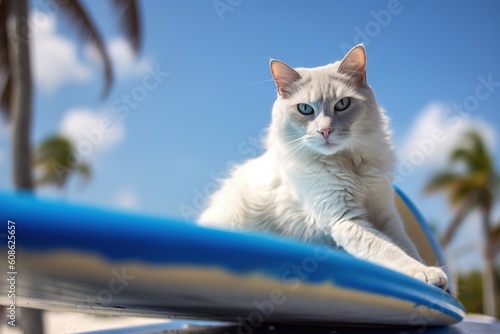 Image of a cat surfing big waves on a surfboard at the beach on a sunny day.