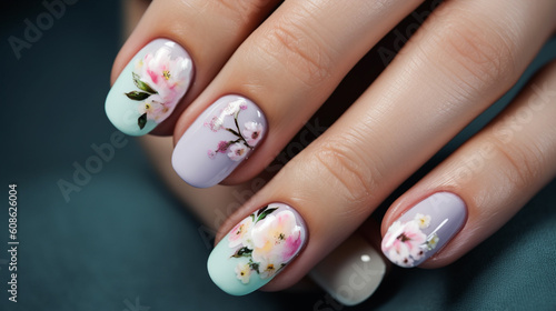 Flower pattern woman manicured nails. Generative AI