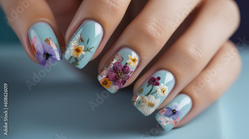 Flower pattern woman manicured nails. Generative AI