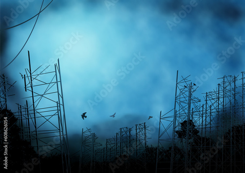 Editable vector background illustration of scaffolding in a desolate landscape with background made using a gradient mesh