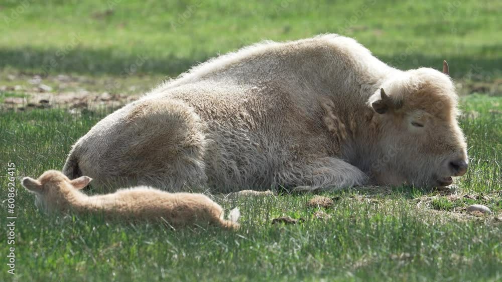 White albino bison and its newborn calf laying in a pasture in Wyoming. White albino bison and its newborn calf laying in a pasture in Wyoming.