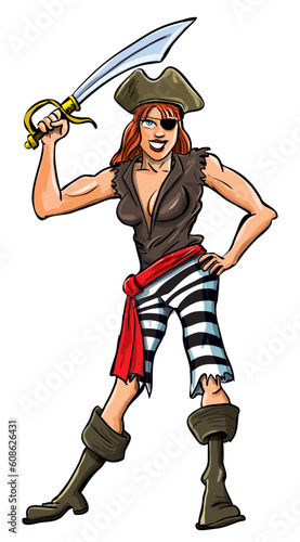 Cartoon illustration of sexy lady pirate. Isolated photo