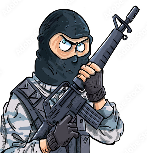 Cartoon SWAT member with a gun. Isolated on white
