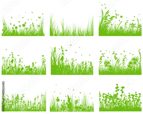 Vector grass silhouette background set. All objects are separated.