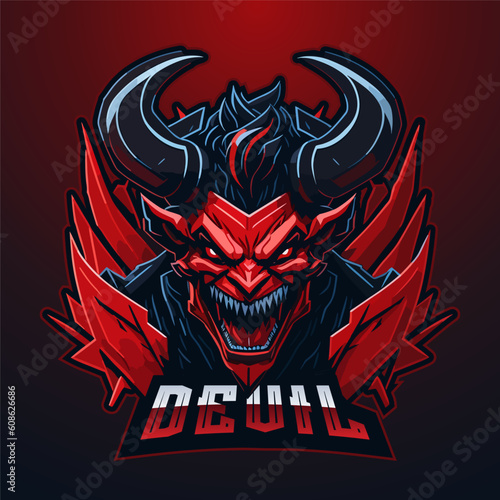 Devil mascot esport logo. High quality esport gaming team logo. Modern, Detailed, Red mascot logo.