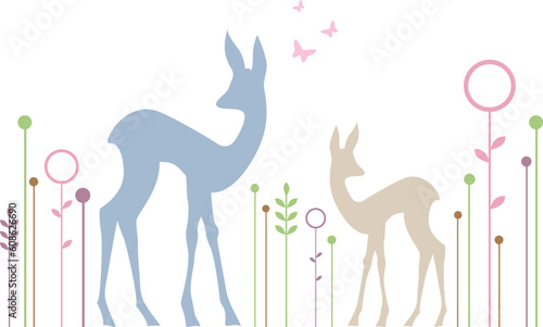 roe deer and fawn with abstract floral background, vector