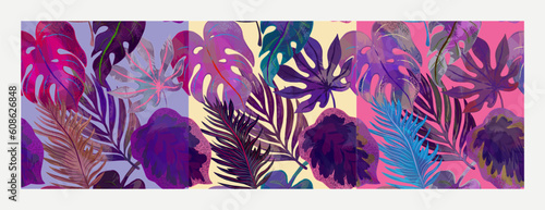 Set of three patterns. Tropical leaves vector seamless pattern illustration of exotic palm leaves with texture. In purple tones. For print, design, fabric, wallpaper, paper, etc.